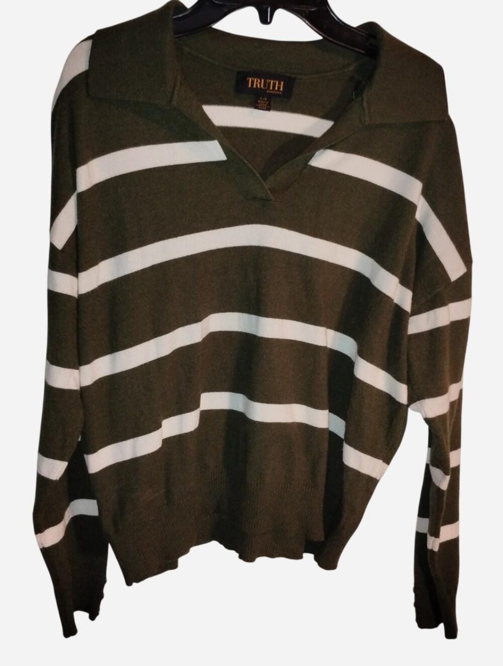 TRUTH Striped V-Neck Collared Knit Sweater Olive & White Size L